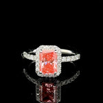 1.71 carat radiant fancy vivid pink halo lab grown diamond statement ring in 14K white gold