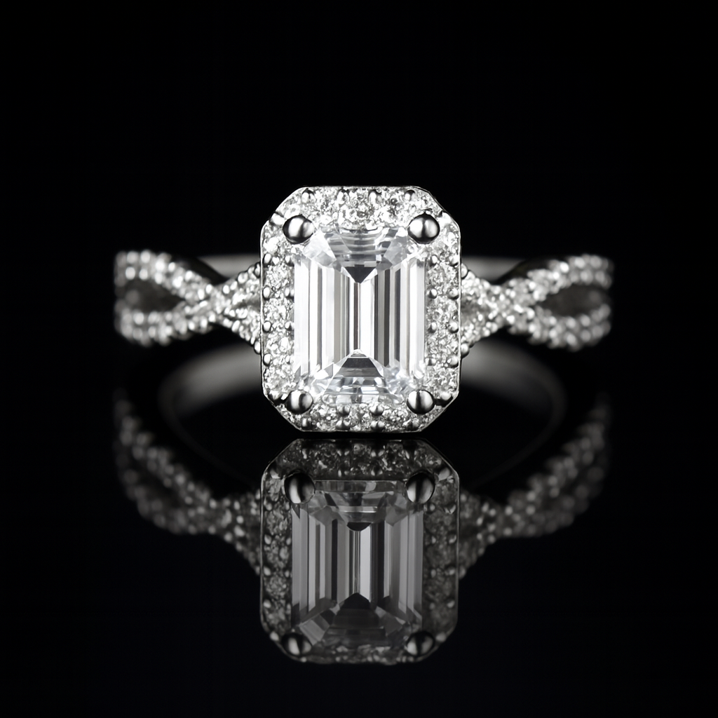 1.51 Carat Emerald Lab Grown Diamond Cathedral Twist Halo Engagement Ring