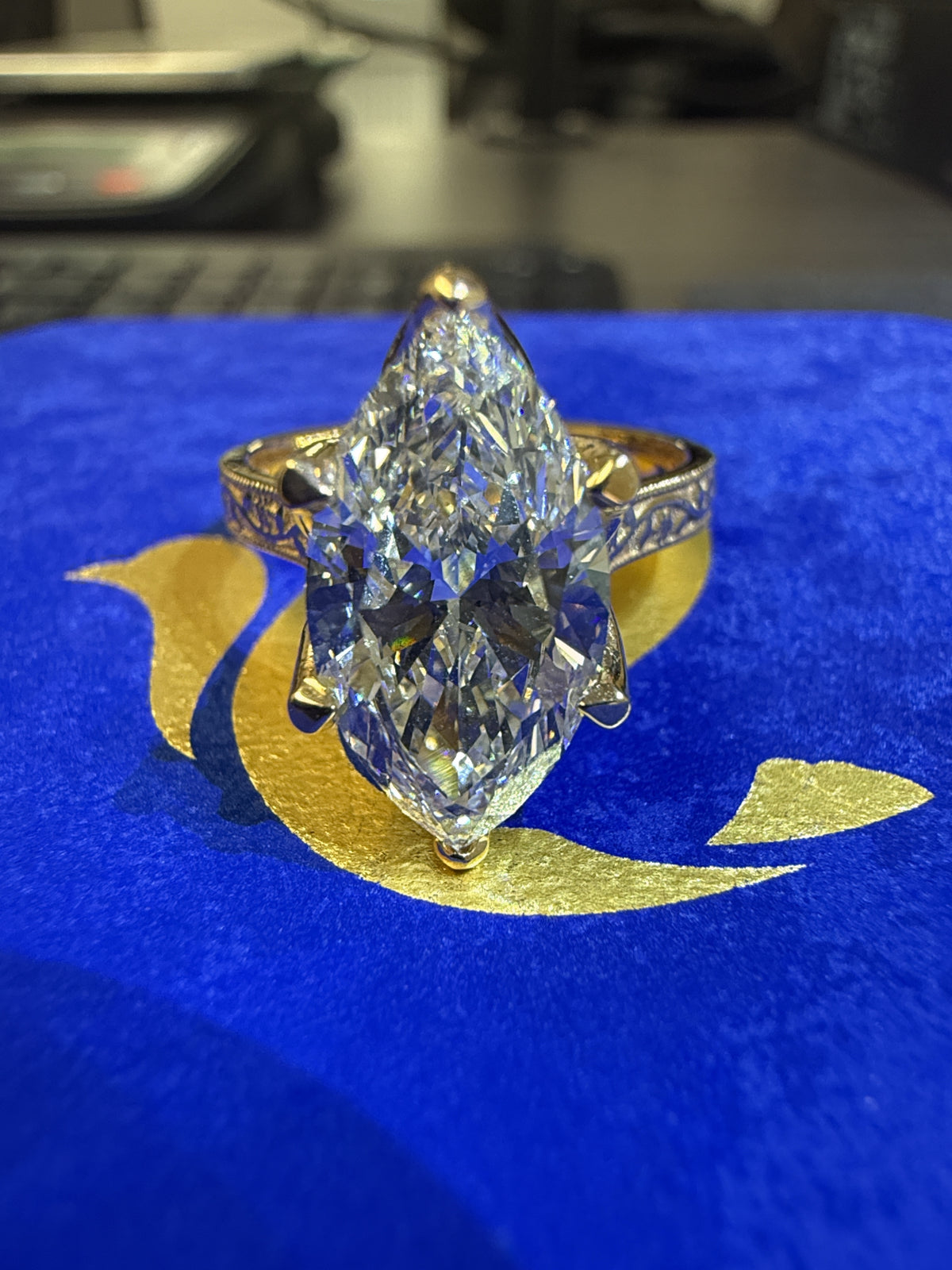 3 Carat Marquise Lab Diamond Engagement Ring in 18K Yellow Gold with Floral Engraved Band
