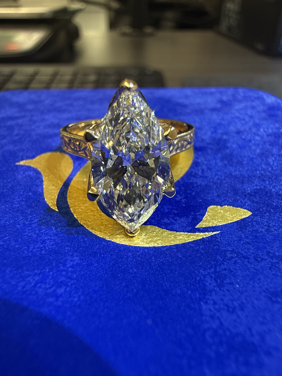 3 Carat Marquise Lab Diamond Engagement Ring in 18K Yellow Gold with Floral Engraved Band