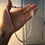 A hand holding a chunky silver Cuban link chain necklace, with a metallic electrical panel in the background.