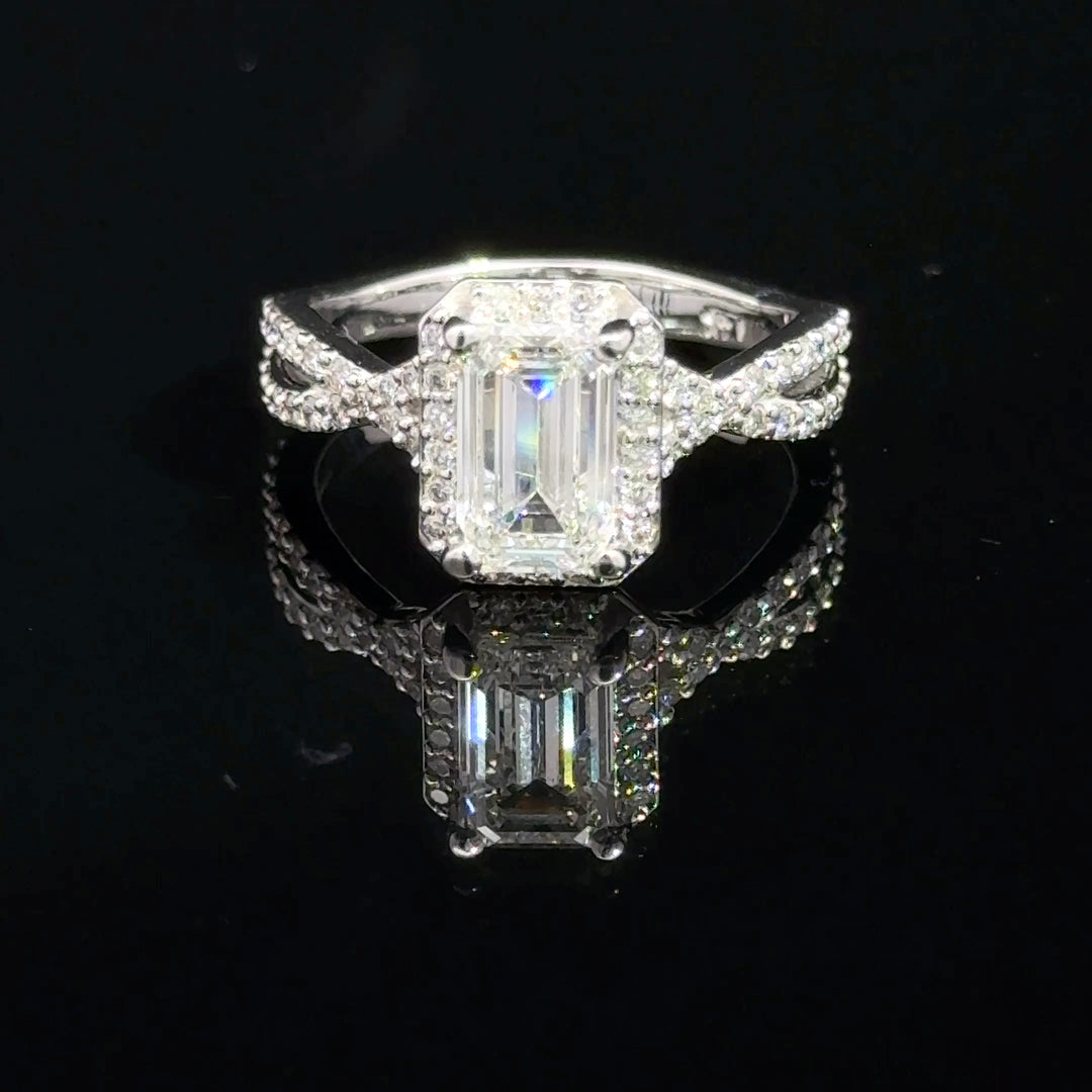 1.51 Carat Emerald Lab Grown Diamond Cathedral Twist Halo Engagement Ring
