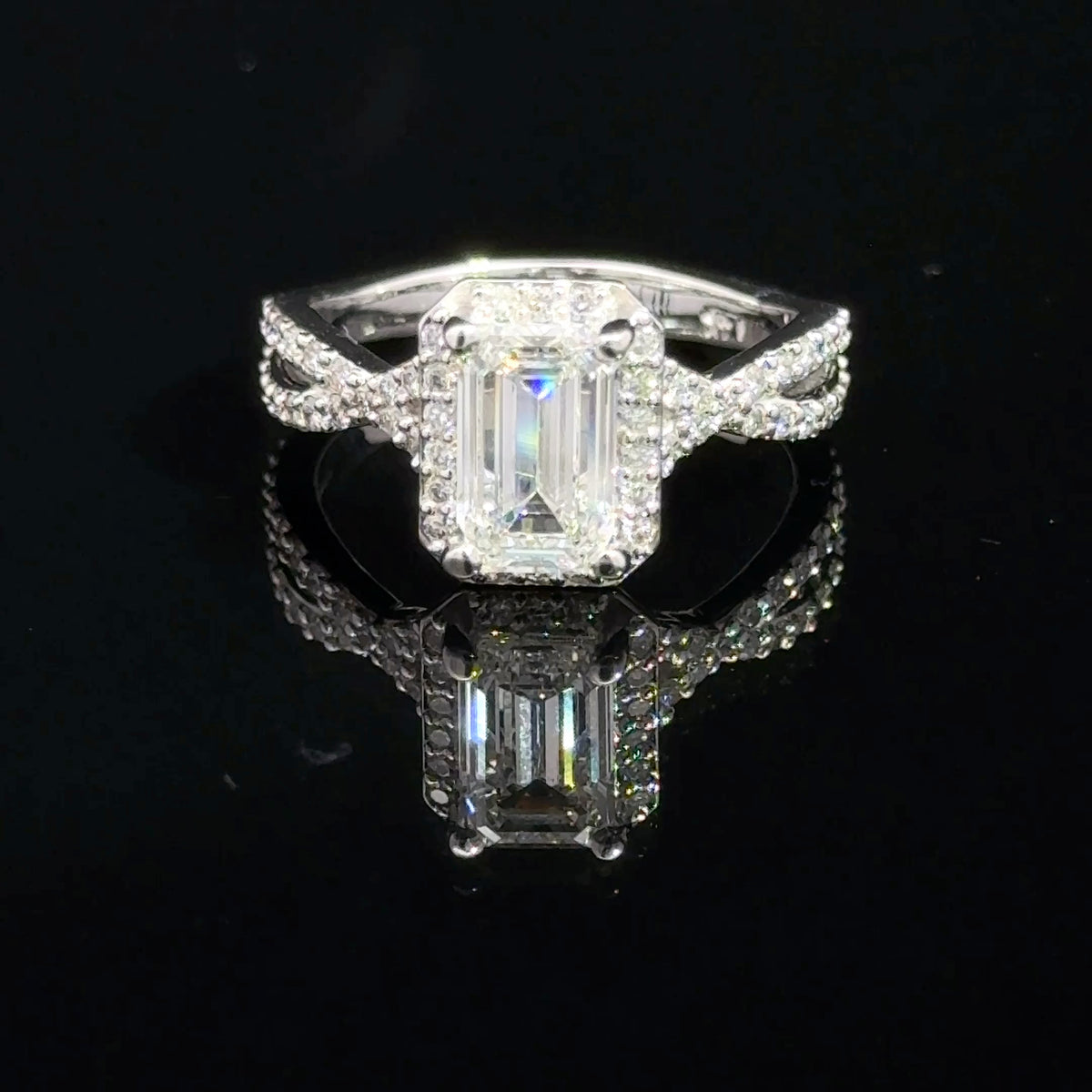 1.51 Carat Emerald Lab Grown Diamond Cathedral Twist Halo Engagement Ring
